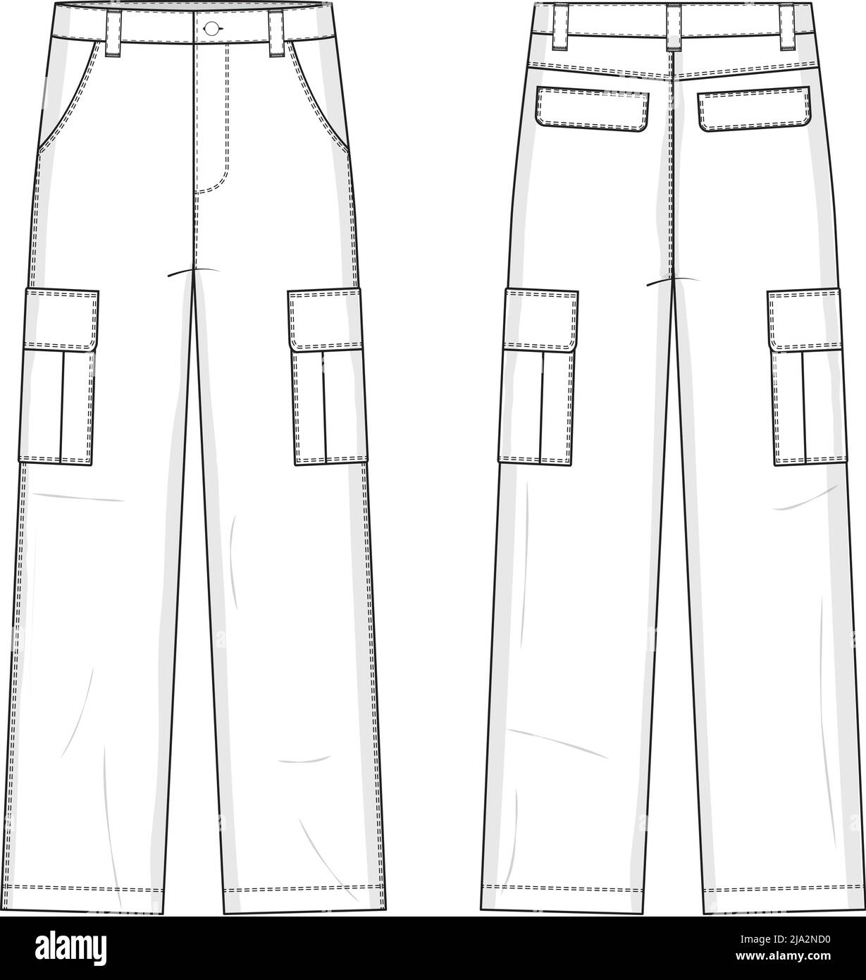 Straight Leg Cargo Pants Flat Technical Drawing Illustration Five Pocket Classic Blank Streetwear Mock-up Template for Design and Tech Packs CAD Stock Vector