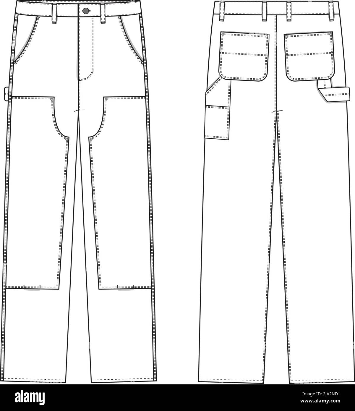 Double Knee Carpenter Pants Straight Leg Flat Technical Drawing Illustration Classic Blank Workwear Streetwear Mock-up Template for Design Vector Stock Vector