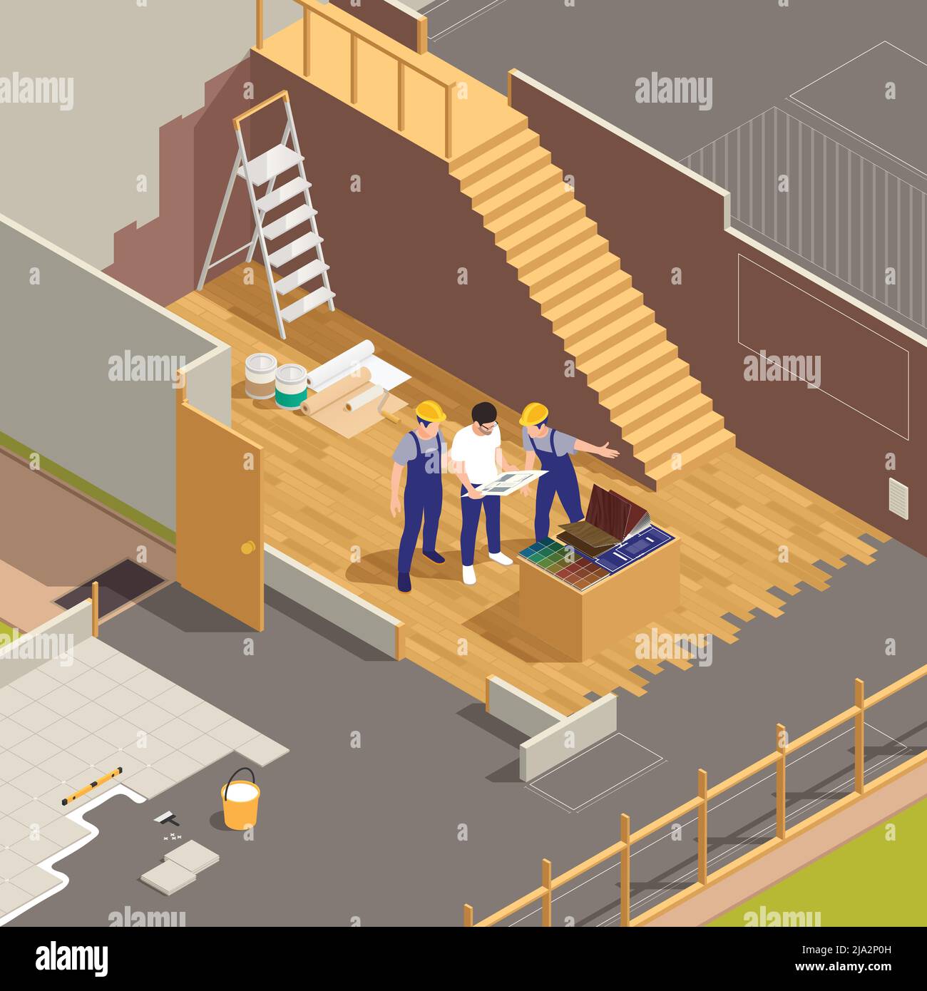 Interior designer on building site collaborating with construction ...