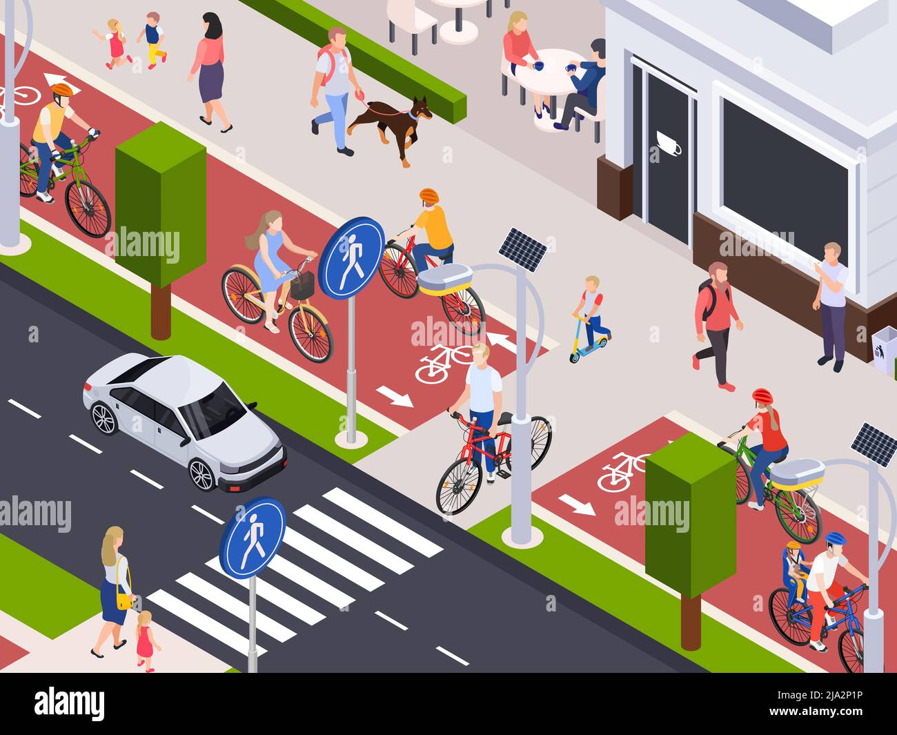Busy city street with walking and cycling along bike lanes people 3d isometric vector illustration Stock Vector