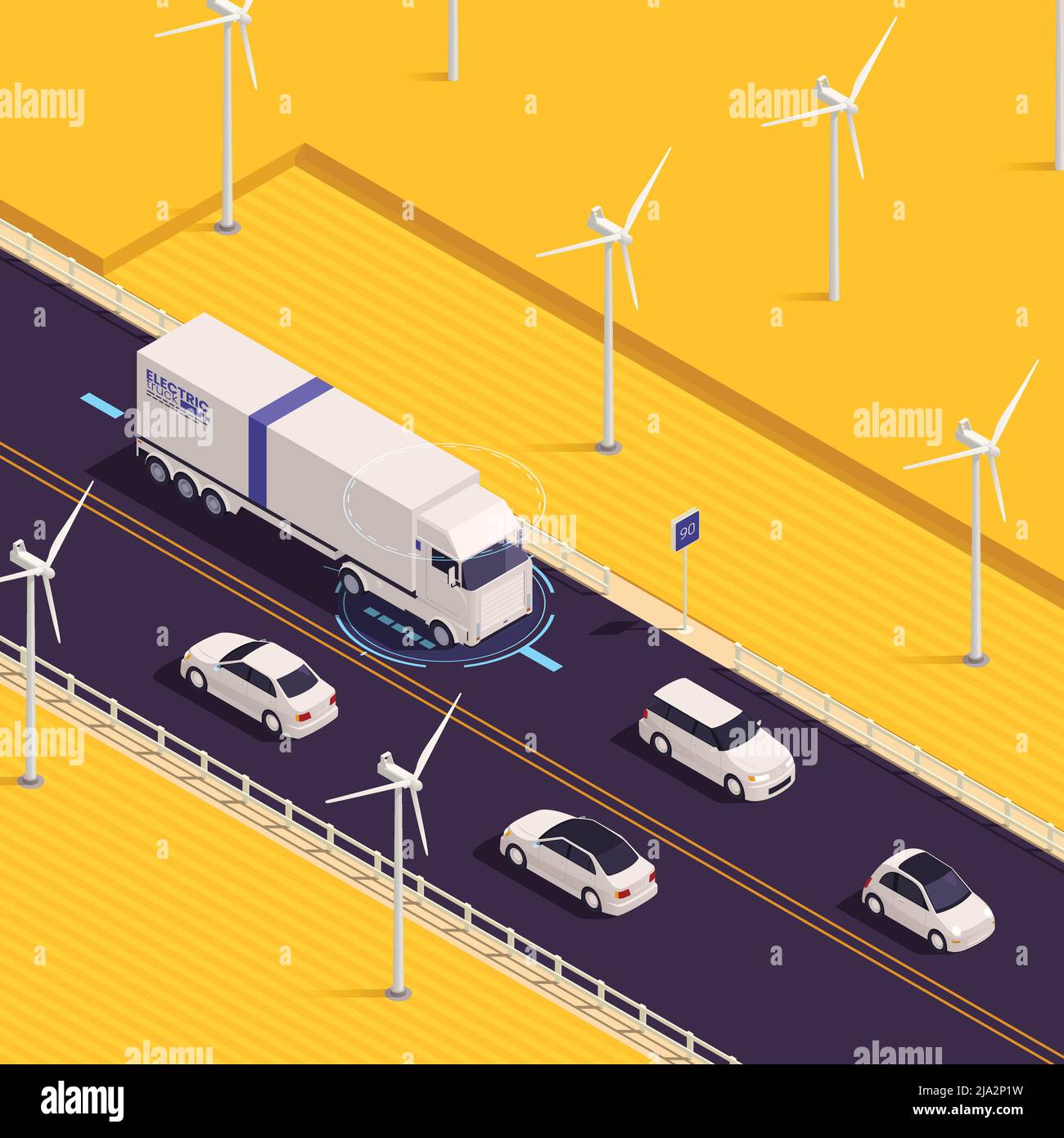 White modern electric truck passing wind turbines powering charging stations recharging vehicles along highway isometric vector illustration Stock Vector