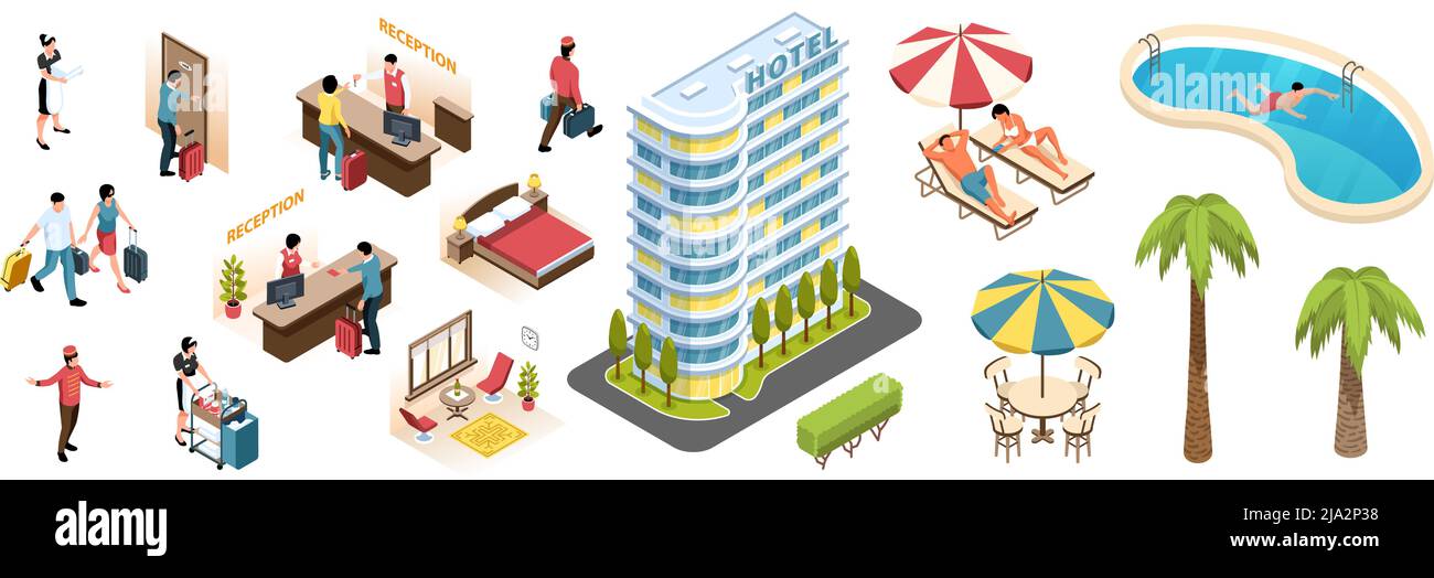 Hotel interior and exterior isometric icons set with human characters ...