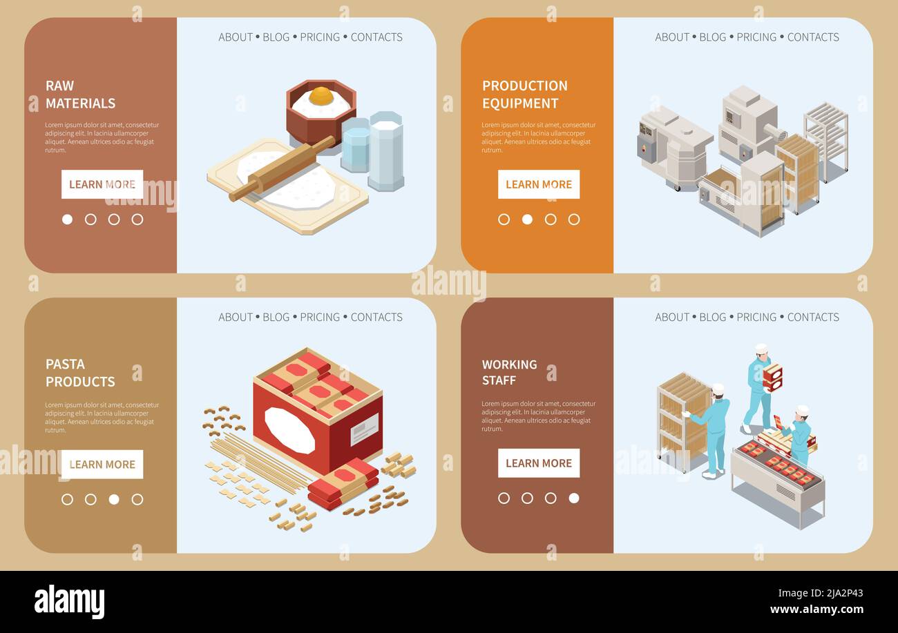 Four horizontal macaroni pasta production isometric banner set with raw