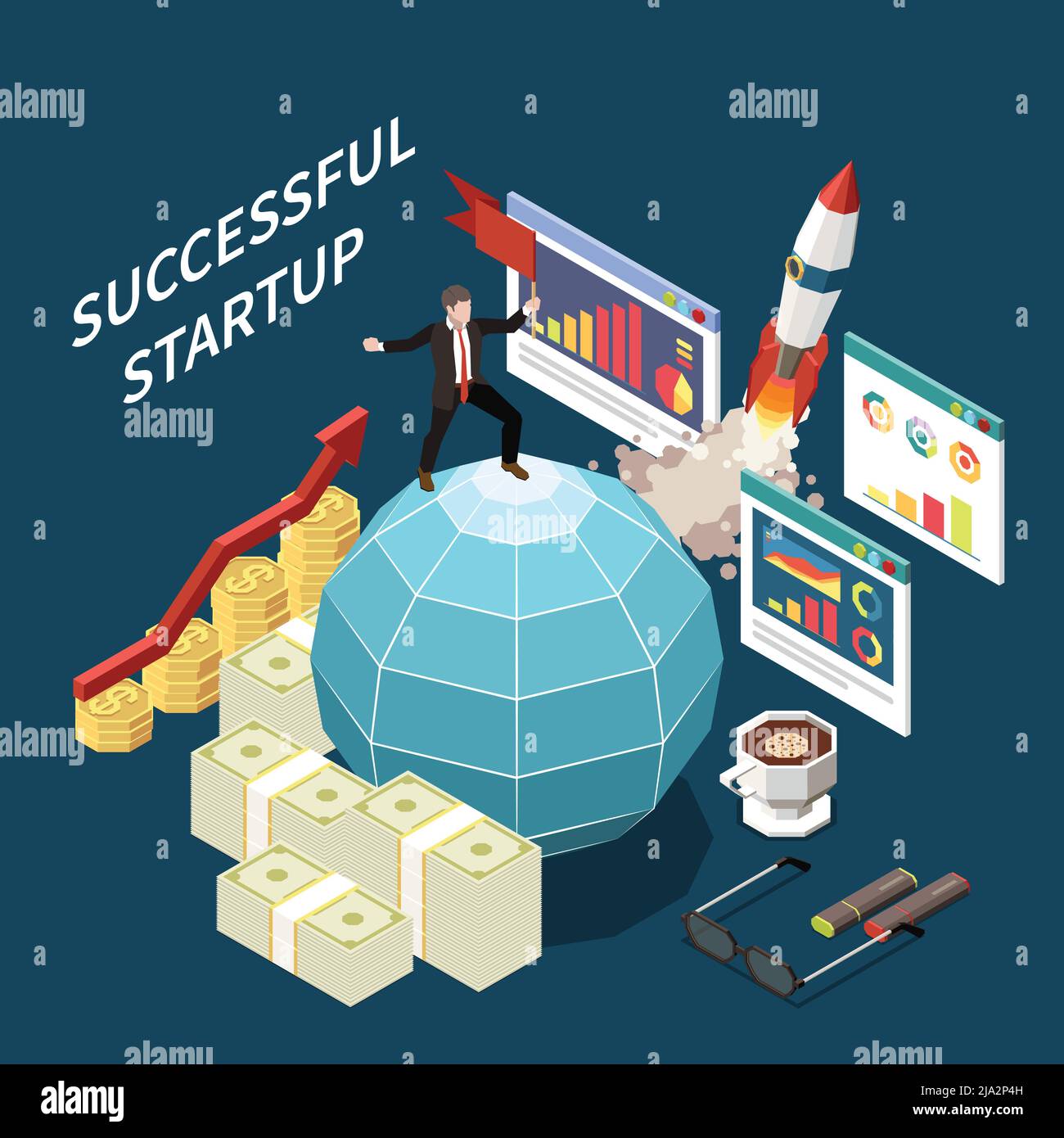 Startup project isometric concept with successful startup descriptions ...