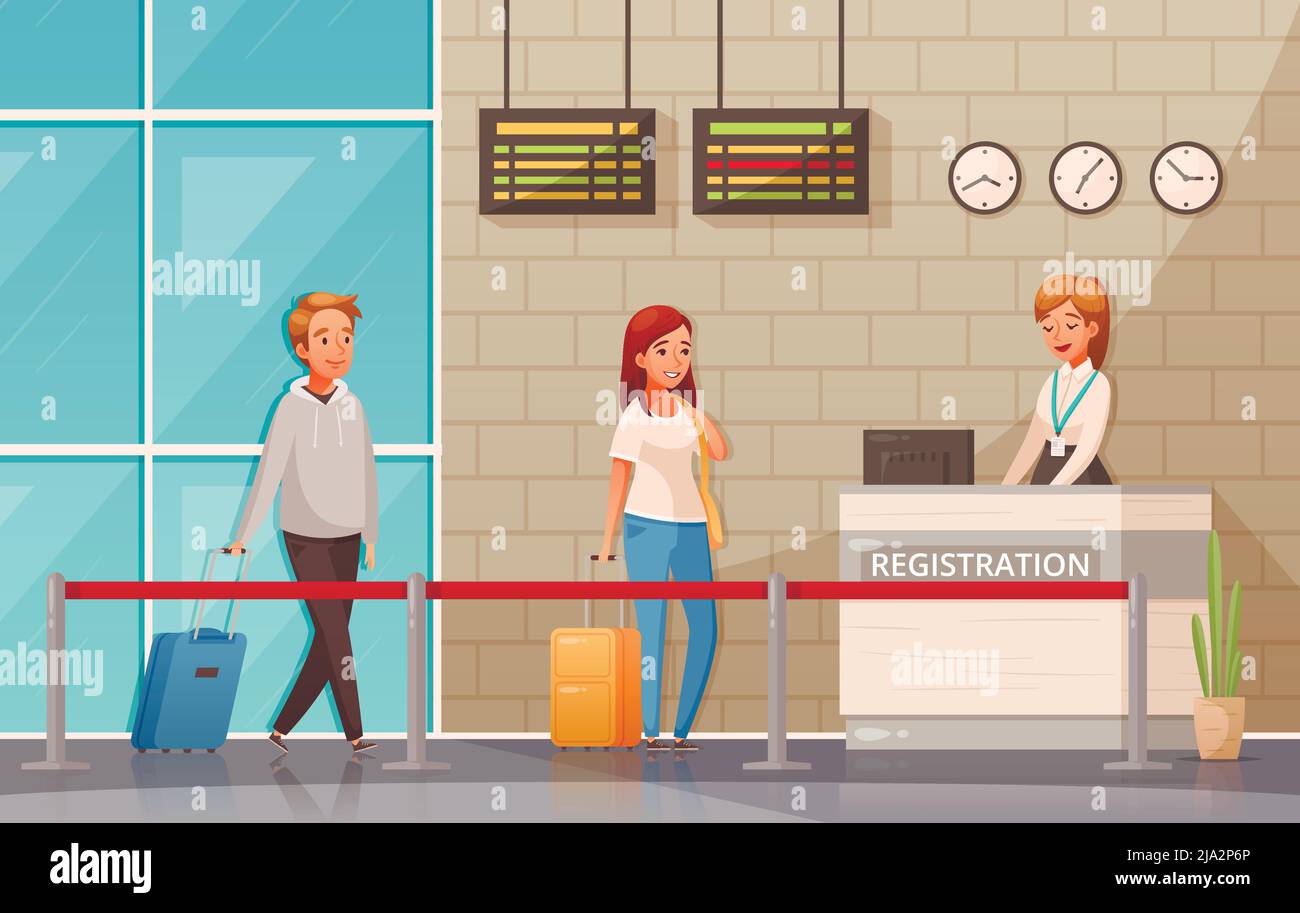 Man and woman with suitcases near registration desk in airport cartoon ...