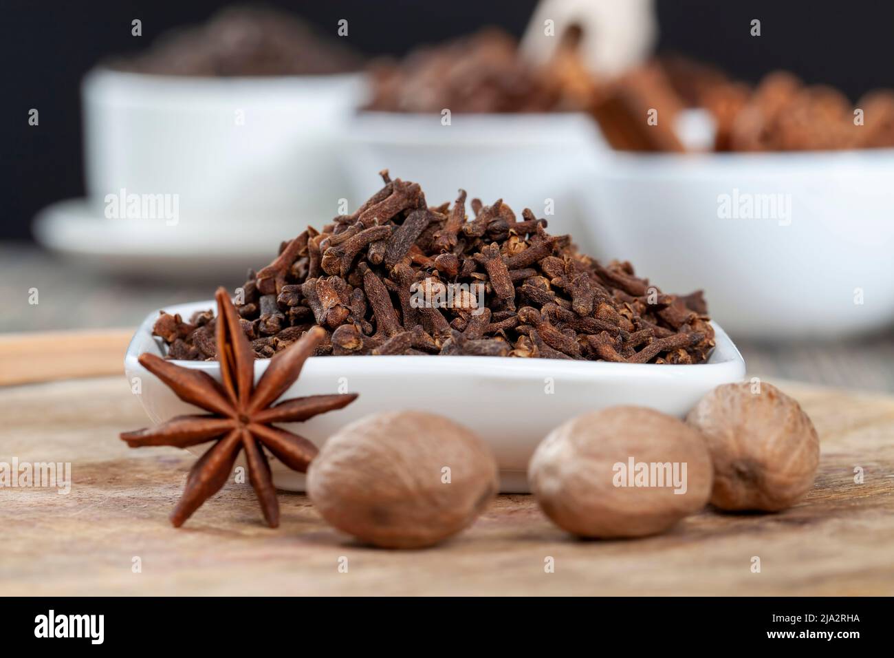 nutmeg on the board during cooking with spices, spices nutmeg used in