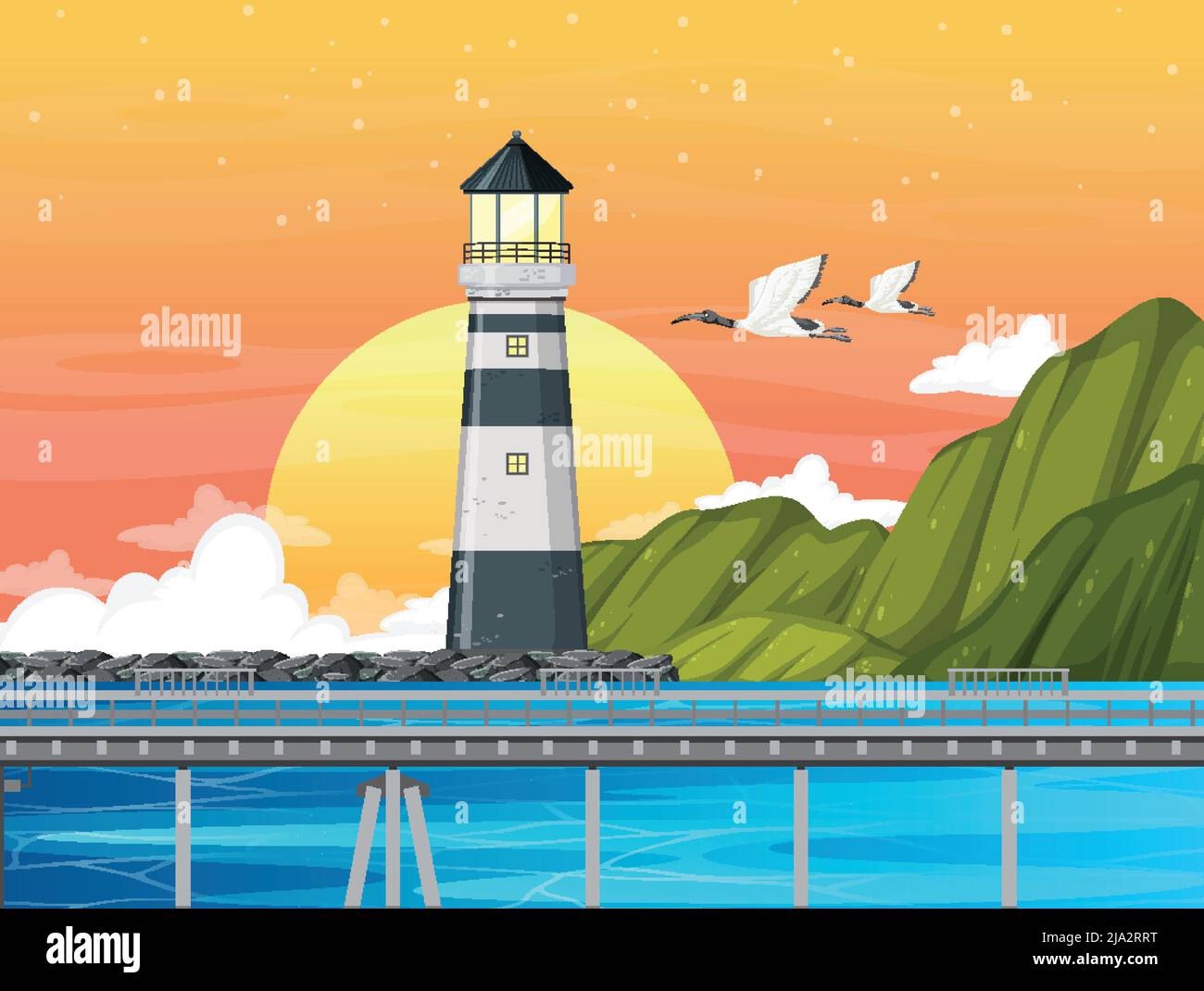 Sunset time with lighthouse on coast illustration Stock Vector Image ...