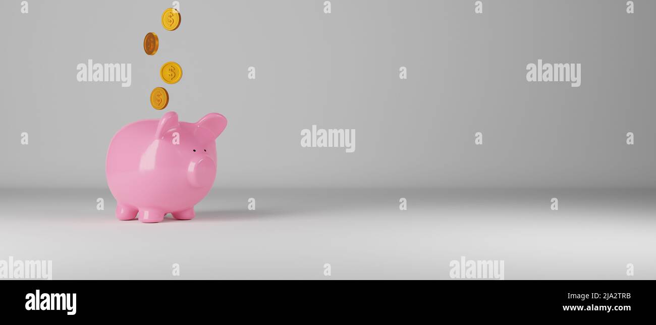 Falling coins with a pink piggy bank on a grey wall with space for text ...