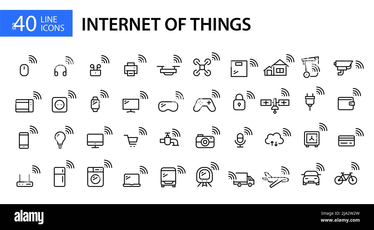 40 Internet of things icons. Smart wifi connected remotely controlled devices. Household, transportation and payment. Pixel perfect, editable stroke  Stock Vector