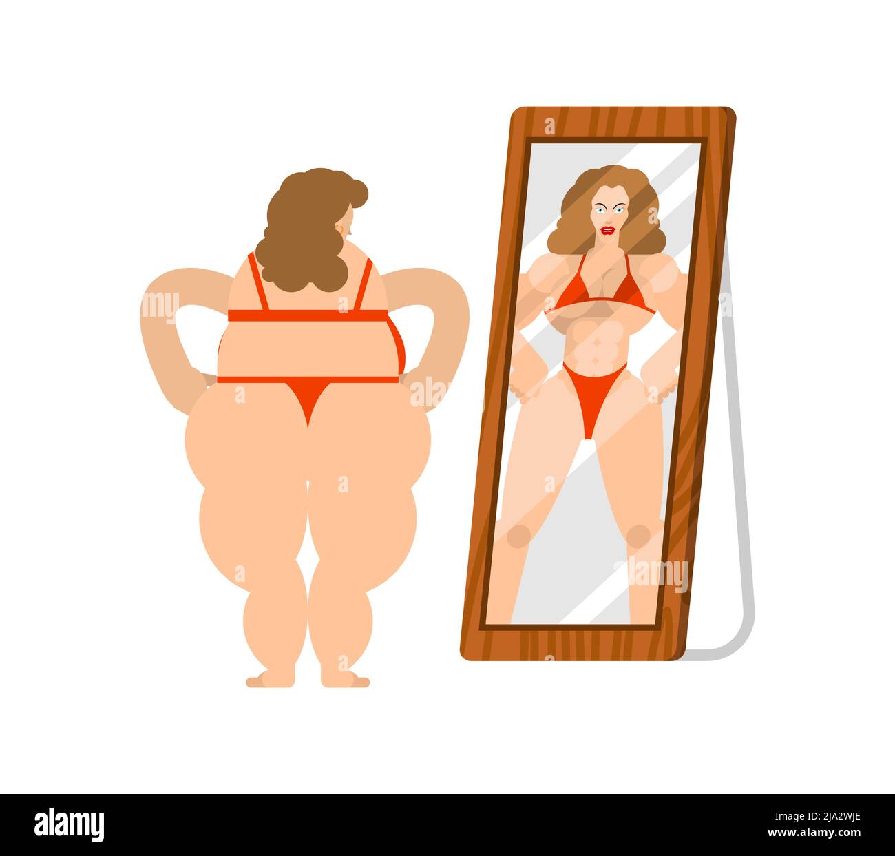 Fat woman looks in mirror and sports reflection in mirror. Stock Vector