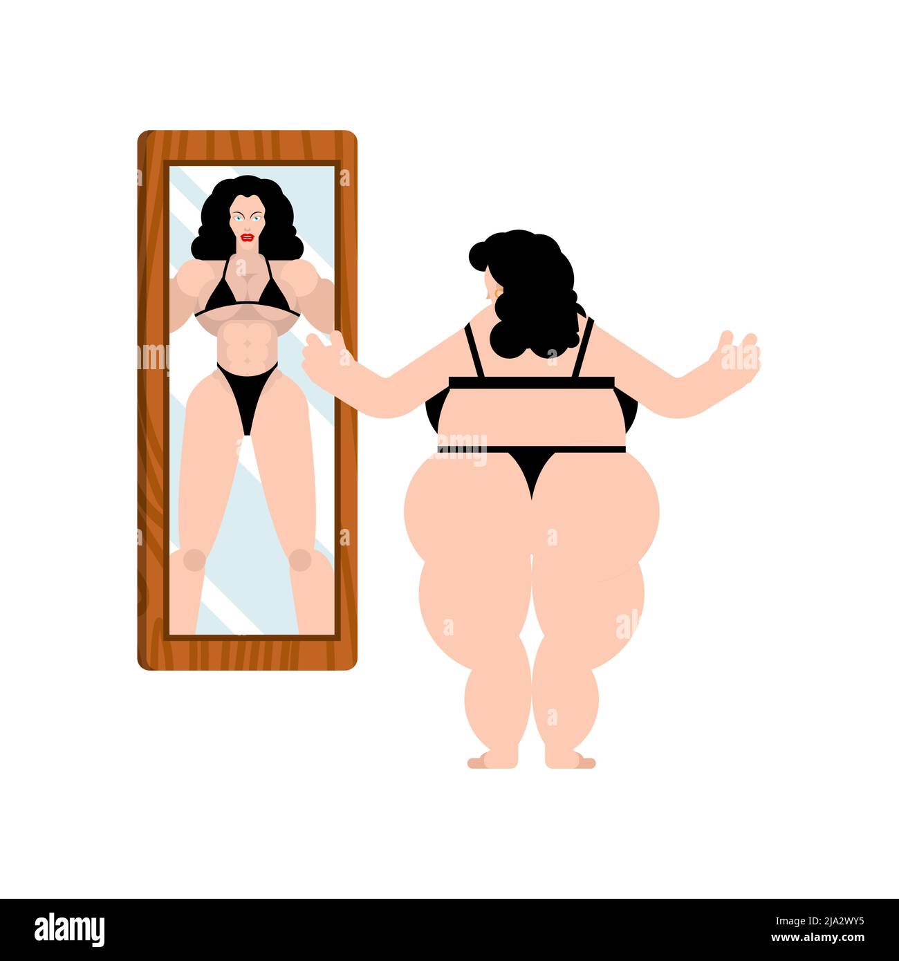 Fat woman looks in mirror and sports reflection in mirror. Stock Vector