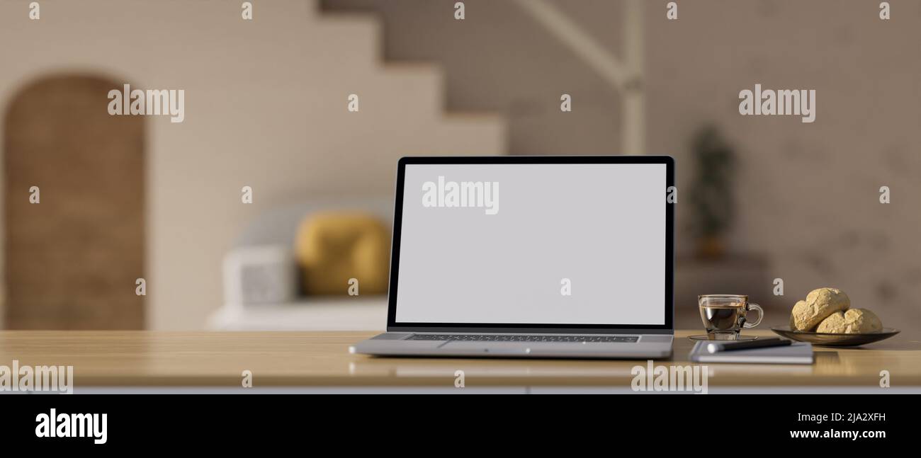 Modern wood work tabletop with portable laptop computer mockup ...