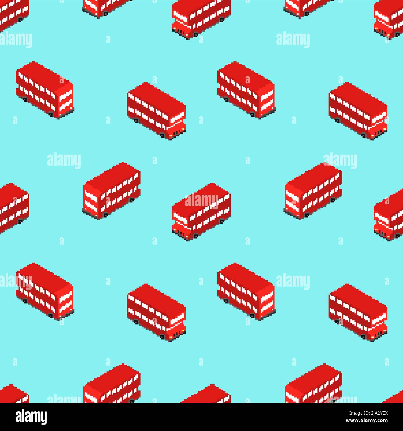 Double decker pixel art pattern seamless. london red bus background Stock Vector