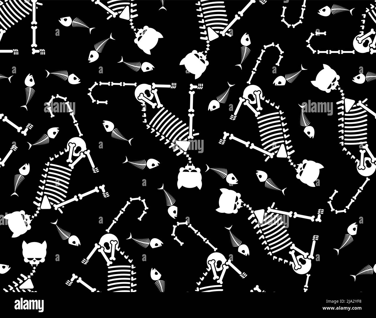 Skeleton cat pattern seamless. Cat skull and bones background. Baby