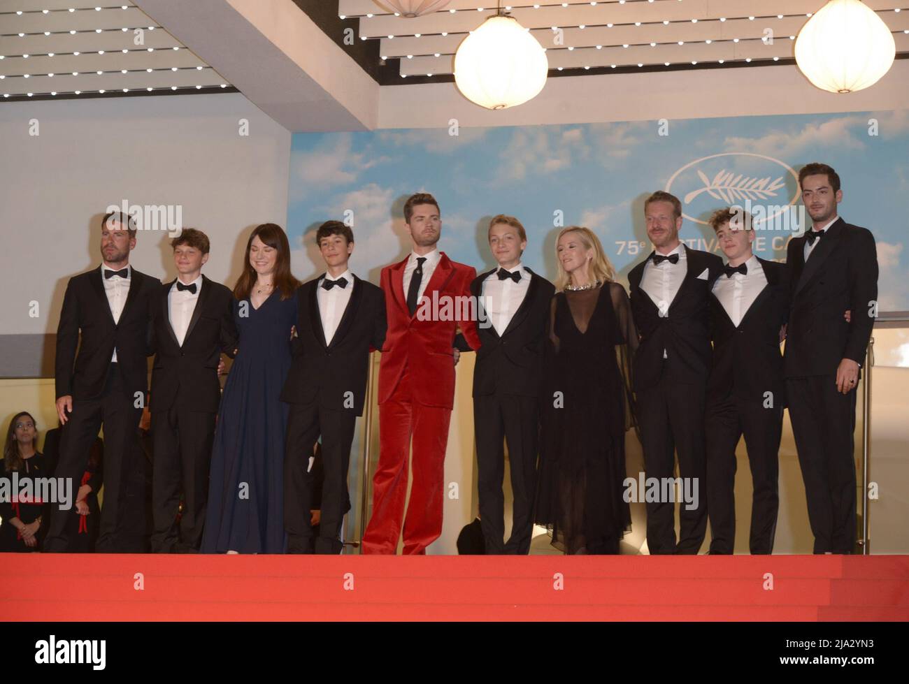 May 26, 2022, CANNES, France: CANNES, FRANCE - MAY 26: Kevin Janssens, Igor van Dessel, Eden Dambrine, Lukas Dhont, Gustav De Waele, LÃ©a Drucker, Marc Weiss and guests depart the screening of ''Close'' during the 75th annual Cannes film festival at Palais des Festivals on May 26, 2022 in Cannes, France (Credit Image: © Frederick Injimbert/ZUMA Press Wire) Stock Photo