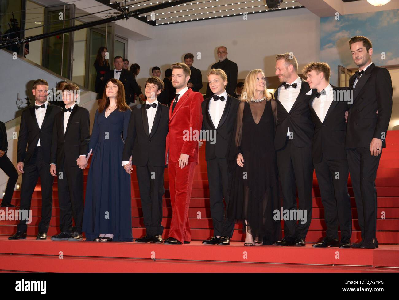 May 26, 2022, CANNES, France: CANNES, FRANCE - MAY 26: Kevin Janssens, Igor van Dessel, Eden Dambrine, Lukas Dhont, Gustav De Waele, LÃ©a Drucker, Marc Weiss and guests depart the screening of ''Close'' during the 75th annual Cannes film festival at Palais des Festivals on May 26, 2022 in Cannes, France. (Credit Image: © Frederick Injimbert/ZUMA Press Wire) Stock Photo