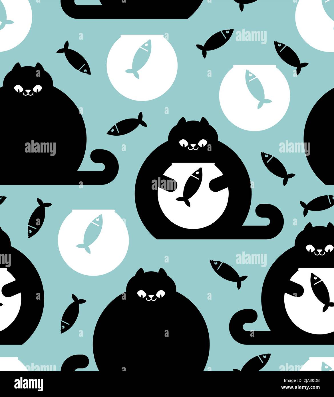 Cat and aquarium pattern seamless. Cat watching fish in aquarium background. Baby fabric texture Stock Vector