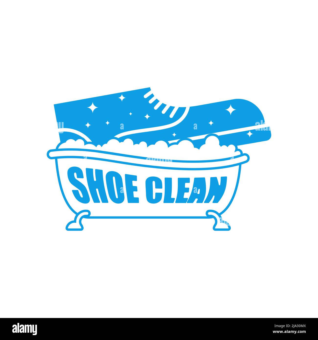 Shoe clean logo. Sign for shoe washing service. Shoe in bath Stock