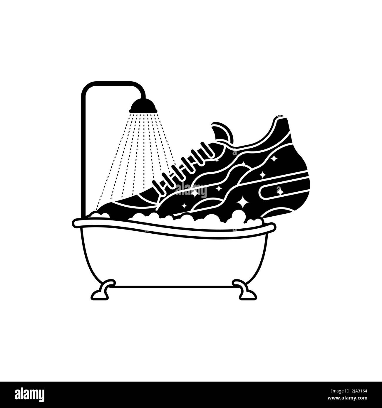Shoe clean logo. Sign for shoe washing service. Shoe in bath Stock