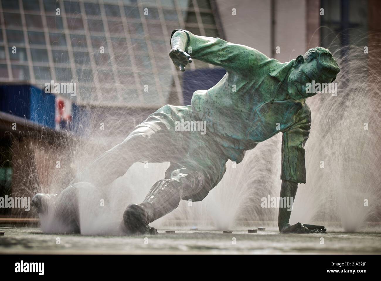 Preston in Lancashire,  Sir Tom Finney statue 'The Splash' outside Preston North End FC Deepdale stadium Stock Photo