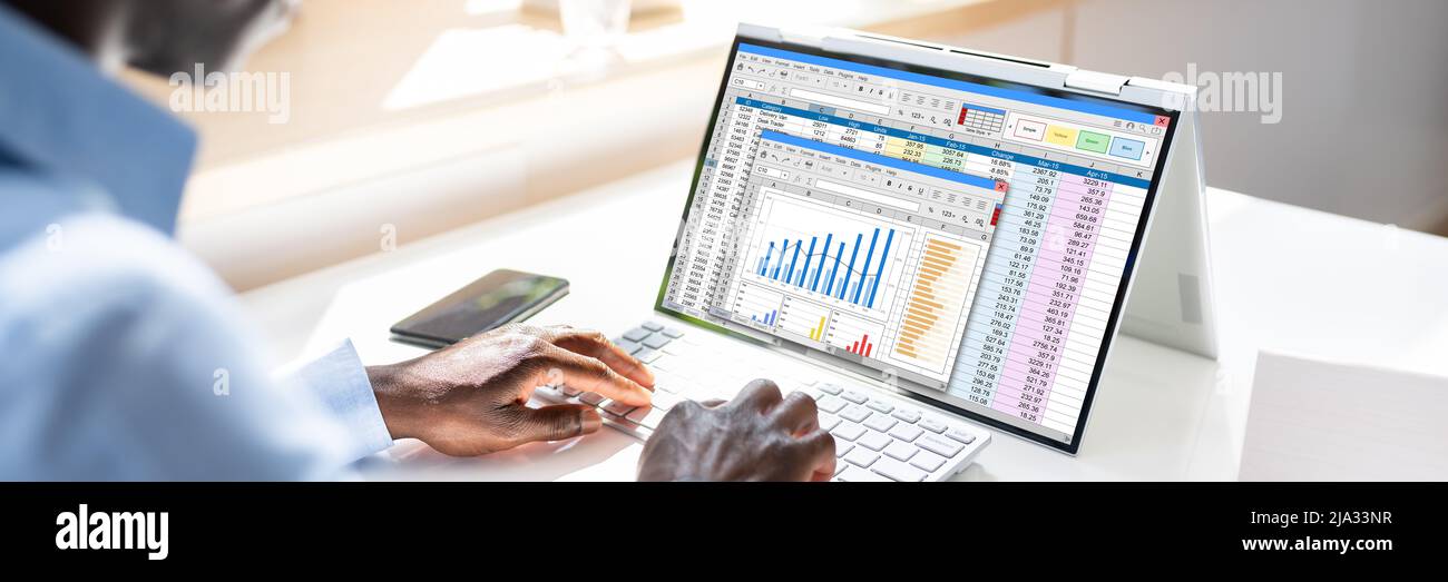 Electronic Spreadsheet Analyst Or Auditor Using Software On Hybrid Laptop Stock Photo