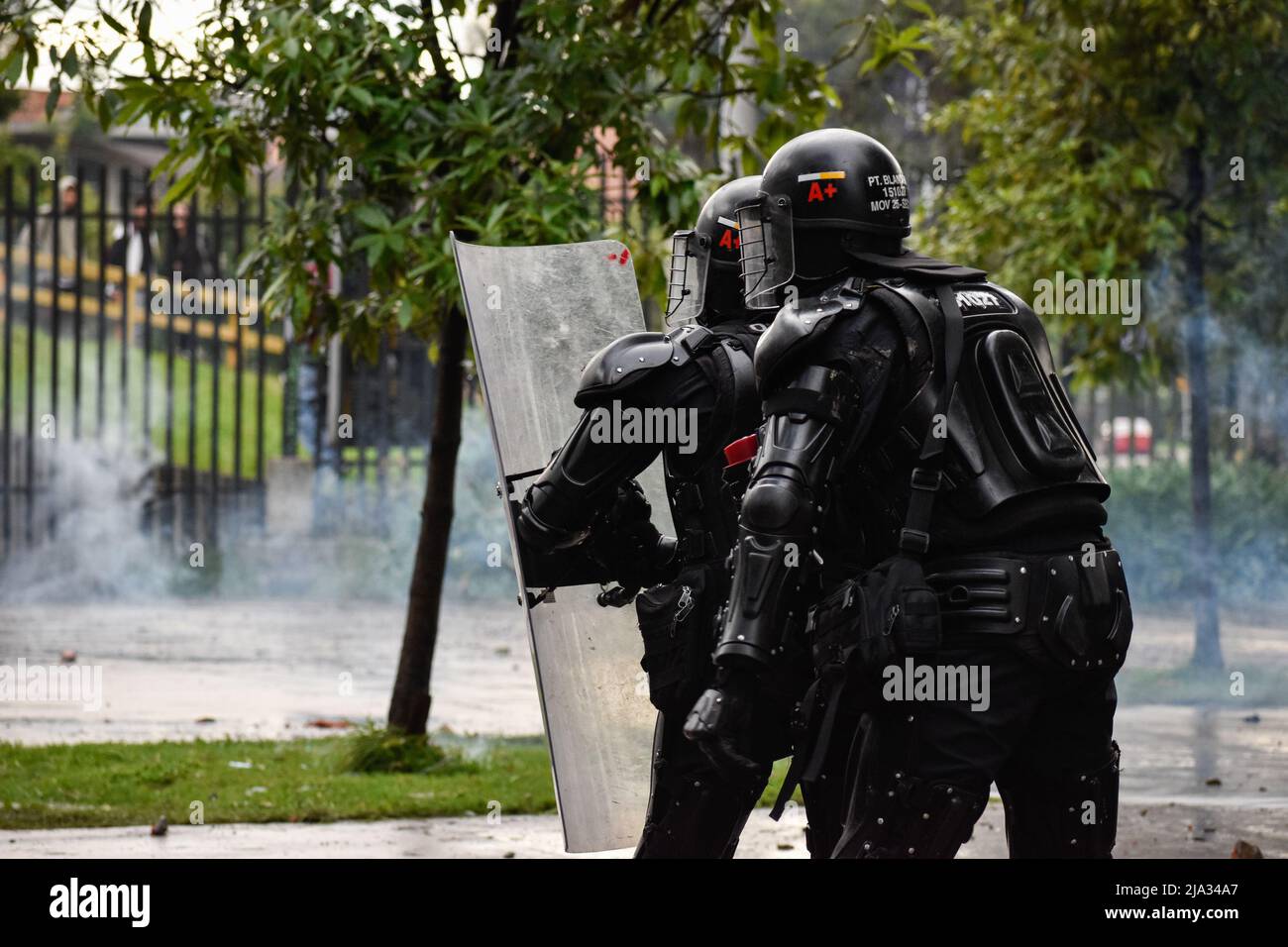 Demonstrations and clashes take place at 'Universidad Nacional de Colombia' between demonstrators and Colombia's anti-riot police 'ESMAD' in Bogota, Colombia on May 26, 2022. Photo by: Cristian Bayona/Long Visual Press Stock Photo