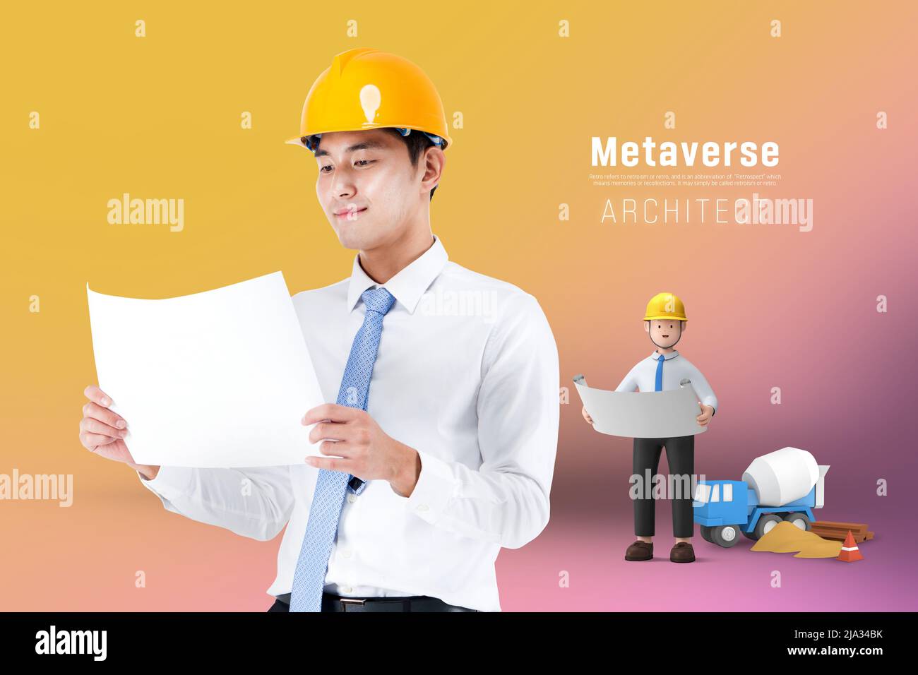 metaverse concept poster of 3d character and real person : architect Stock Photo