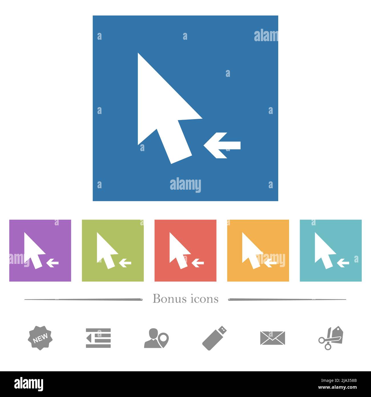 Arrow cursor left solid flat white icons in square backgrounds. 6 bonus ...