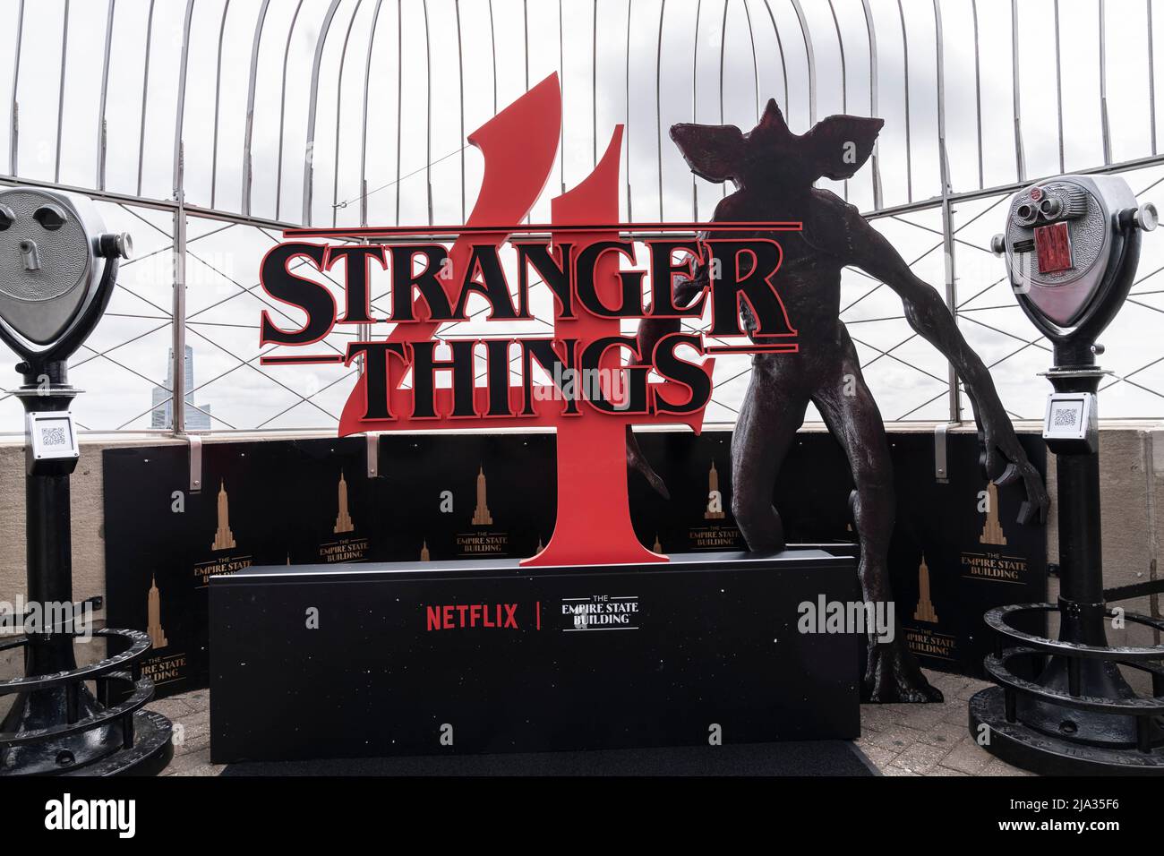 New York, NY - May 26, 2022: Atmosphere on observation deck of Empire State Building for Stranger Things ceremonial lighting ahead of global event for season 4 premiere Stock Photo