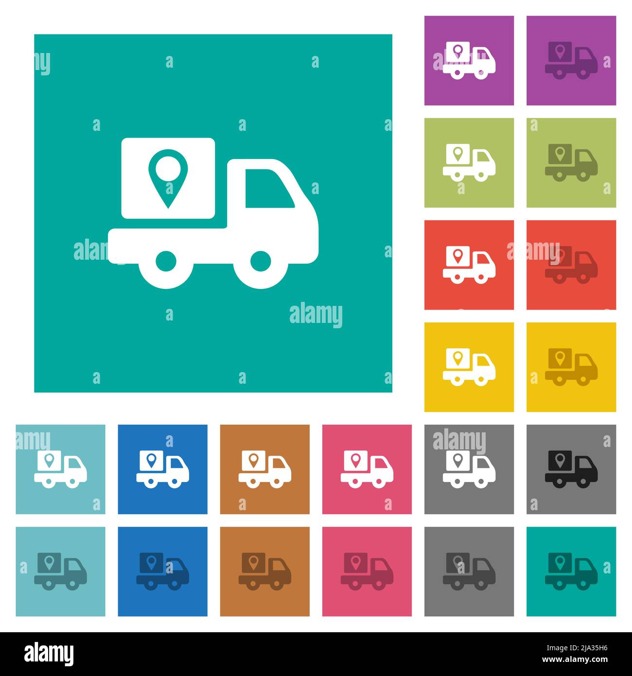 Package delivery tracking solid multi colored flat icons on plain square backgrounds. Included white and darker icon variations for hover or active ef Stock Vector