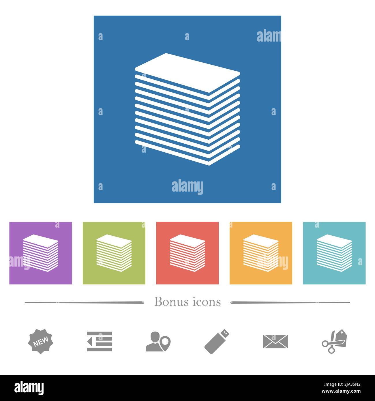 Paper stack solid flat white icons in square backgrounds. 6 bonus icons ...