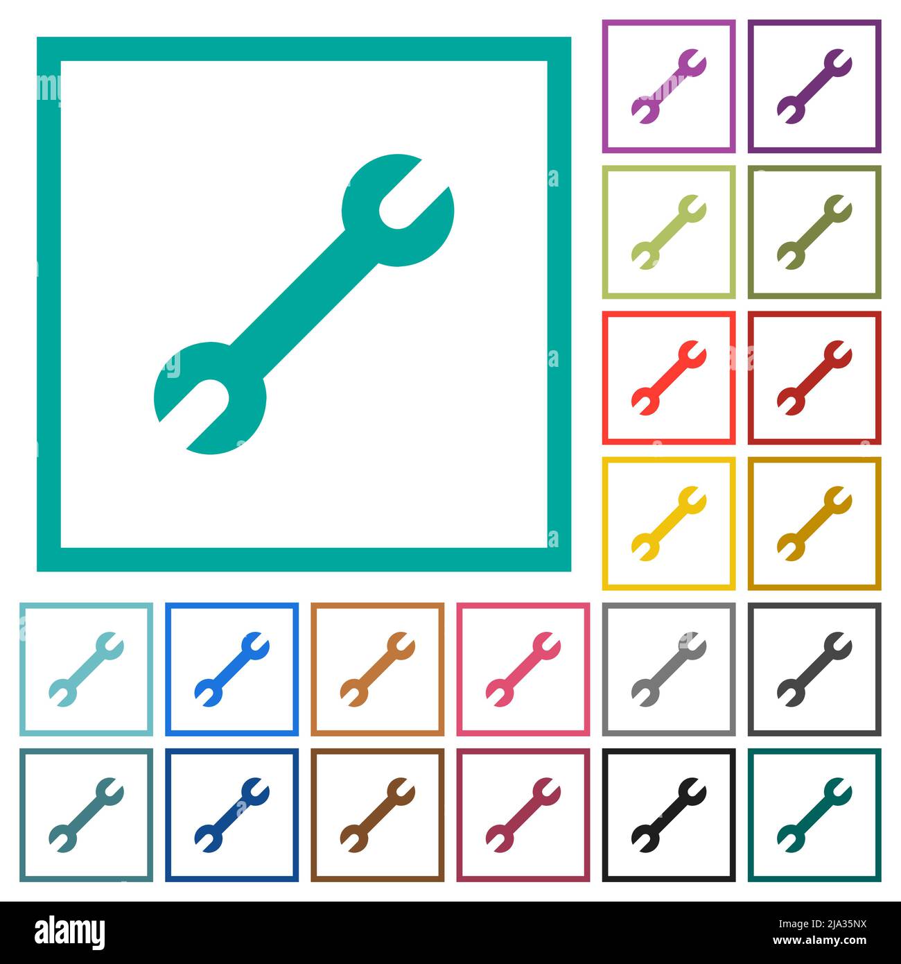 Single wrench flat color icons with quadrant frames on white background ...