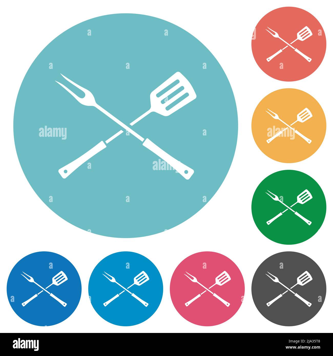Barbecue fork and spatula in crossed position flat white icons on round ...