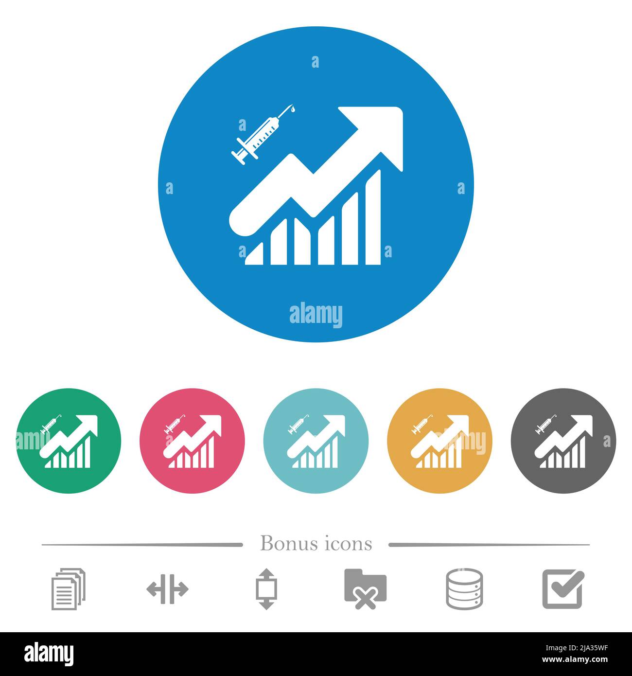 Vaccination graph flat white icons on round color backgrounds. 6 bonus ...