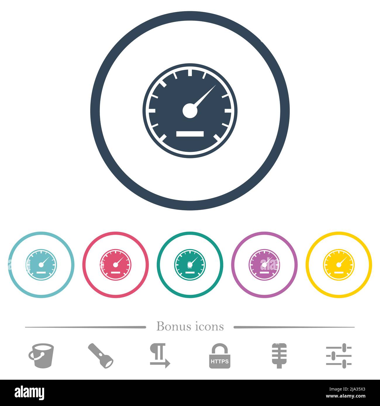 Speedometer solid flat color icons in round outlines. 6 bonus icons ...