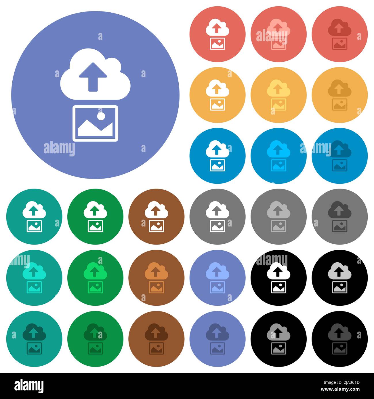 Upload image to cloud solid multi colored flat icons on round backgrounds. Included white, light and dark icon variations for hover and active status Stock Vector