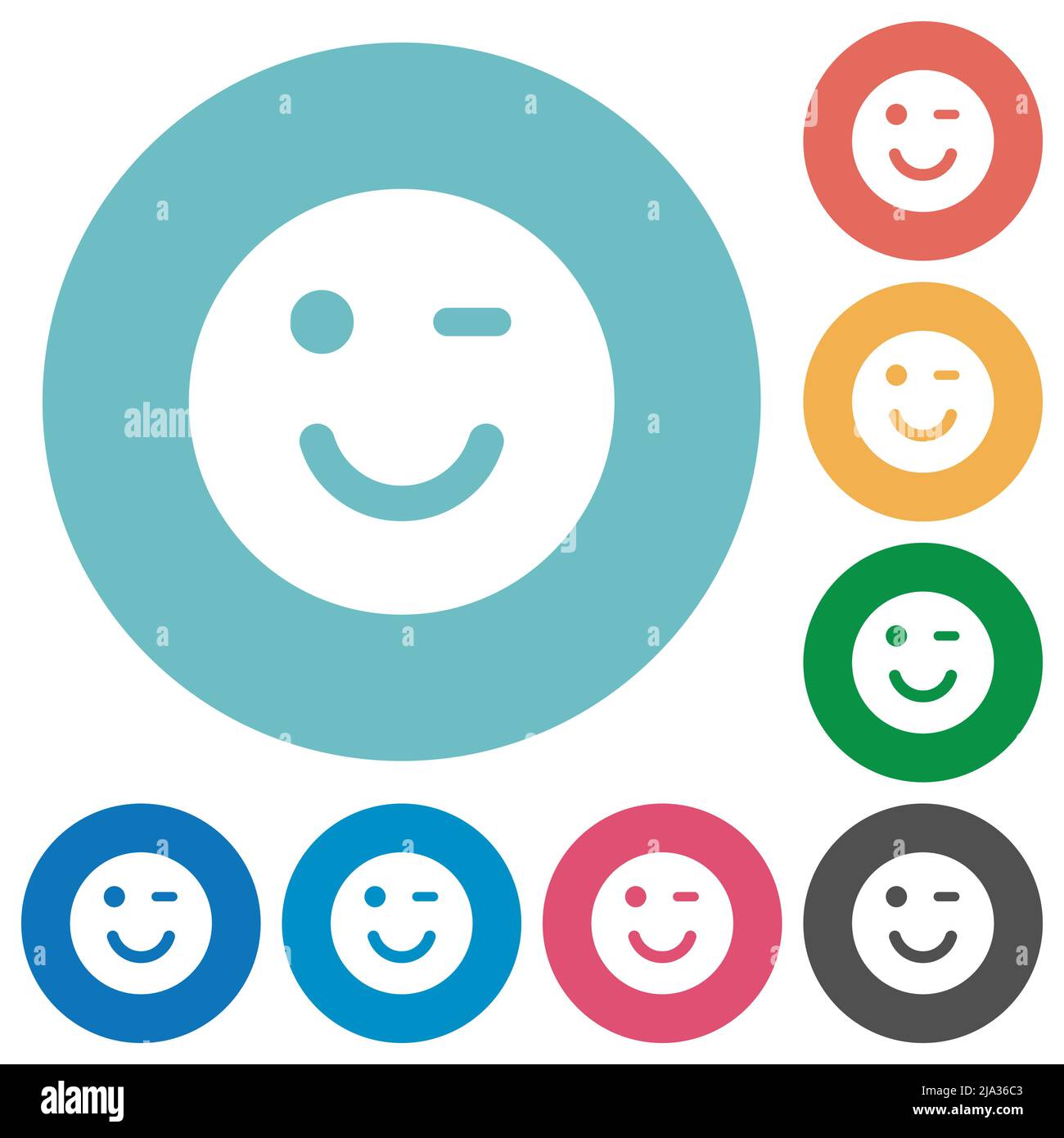 Winking emoticon solid flat white icons on round color backgrounds ...