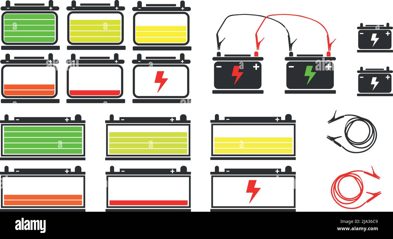Set of car battery charge indicator from full to low to critical Stock