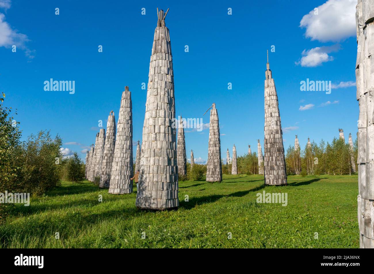 Nikola-Lenivec, Russia - September 16, 2017: Wooden sculptures in the Art Park Nikola Lenivets National park, Kaluga Region, Russia. Stock Photo