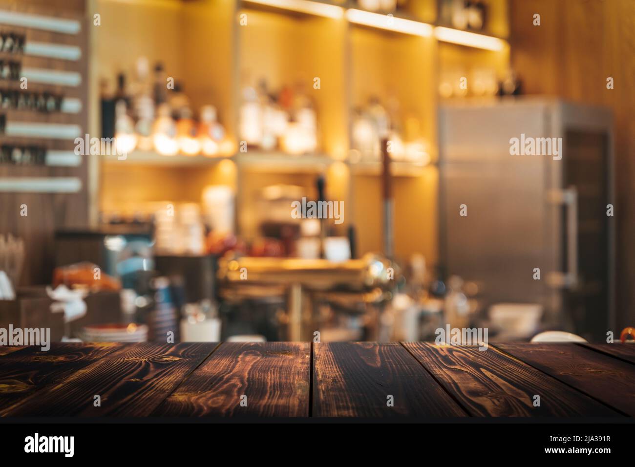 Coffee shop table background. Blurred interior cafe restaurant with