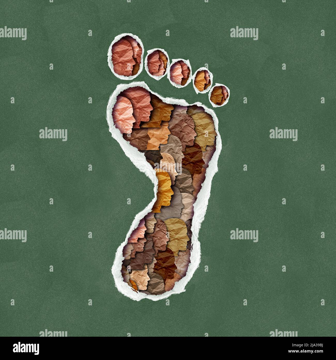 Social Carbon footprint and population impact on the environment as a group of diverse people in the shape of a foot print as a symbol of pollution an Stock Photo