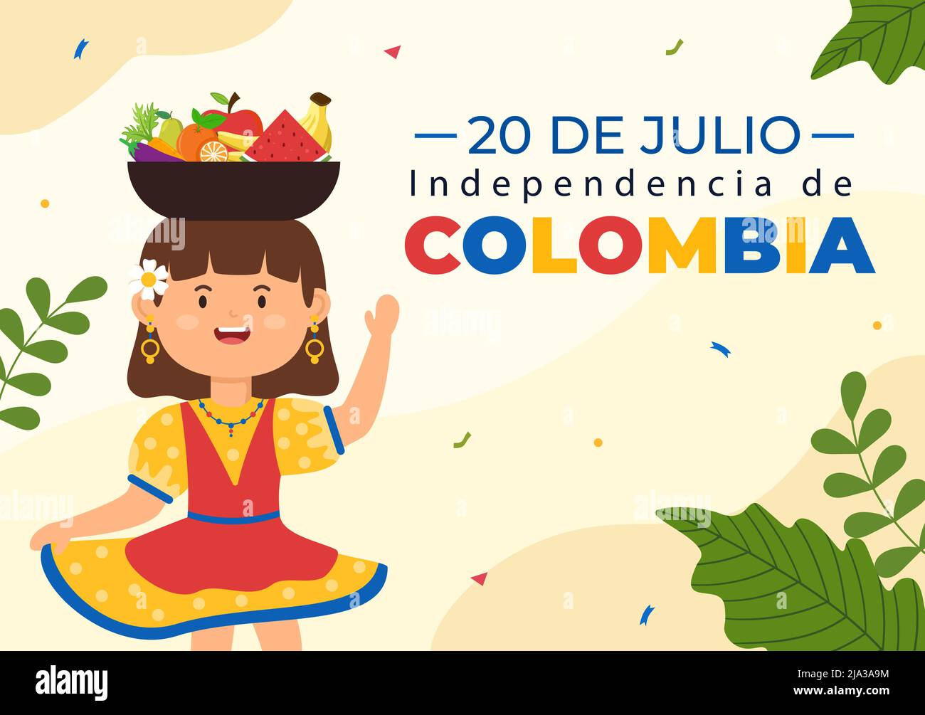 20 De Julio independencia De Colombia Cartoon Illustration with Flags, Balloons and Cute Kids People Characters for Poster Design Stock Vector