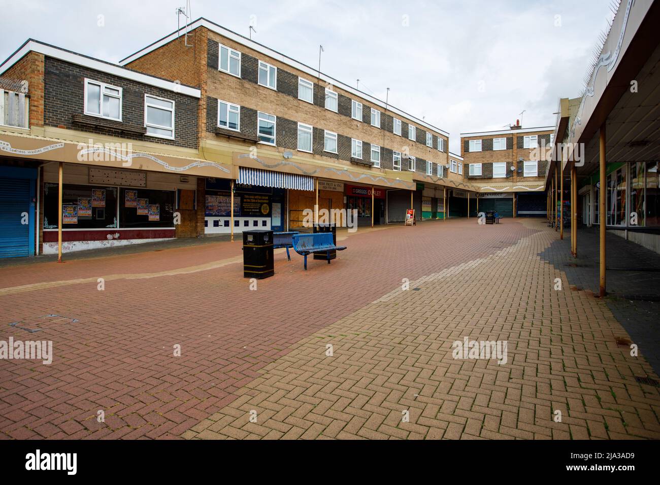 Kingshurst shopping centre. The centre is due to be demolished in the summer of 2022 to make way for a new development of shops and housing. The shopping centre is typical of those developed in the 1950, 1960 and 1970 period. Stock Photo