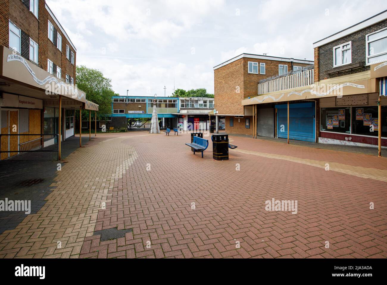 Kingshurst shopping centre. The centre is due to be demolished in the summer of 2022 to make way for a new development of shops and housing. The shopping centre is typical of those developed in the 1950, 1960 and 1970 period. Stock Photo