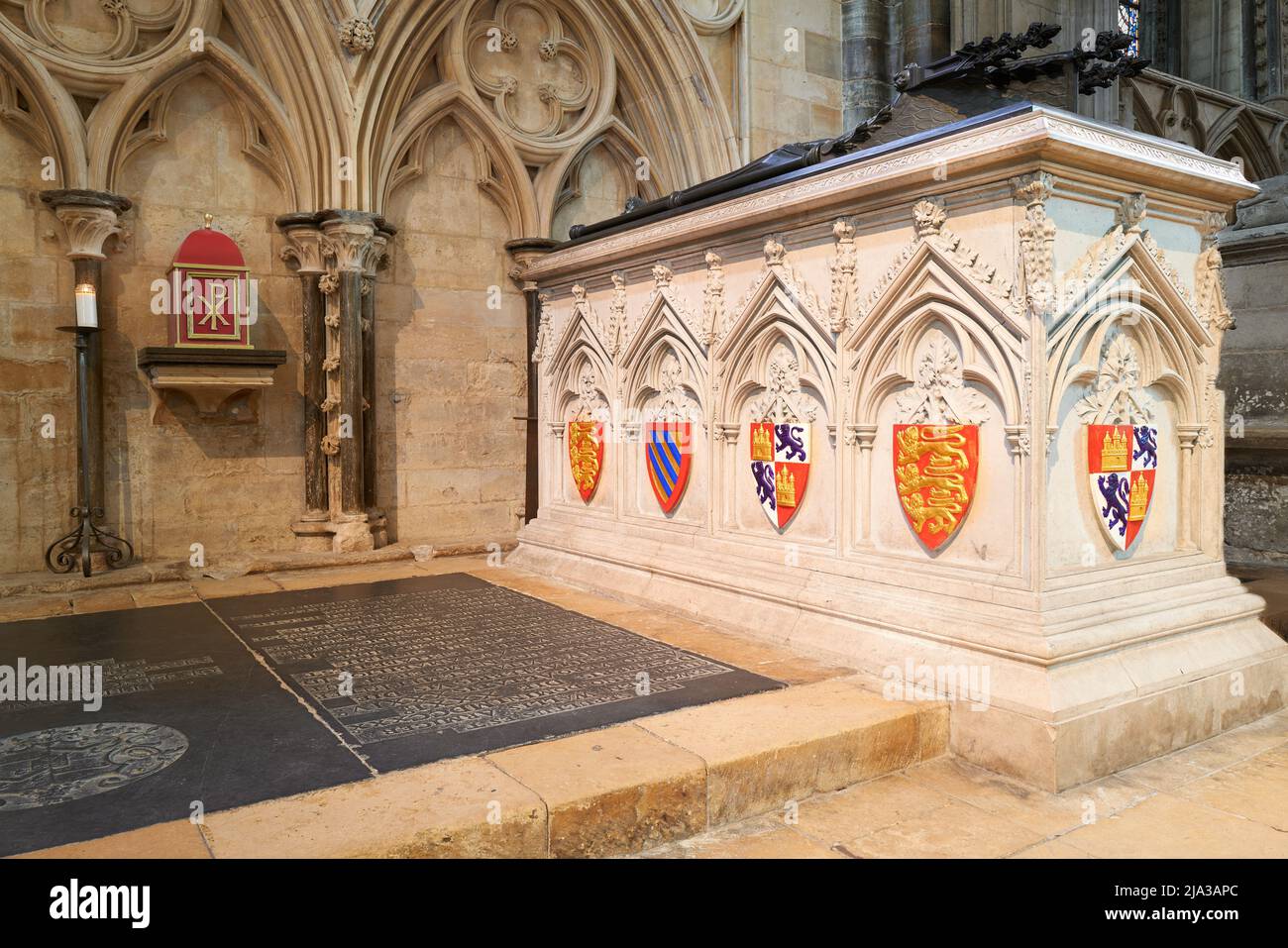 Eleanor of Castile's tomb in the christian medieval cathedral at Lincoln, England. Stock Photo