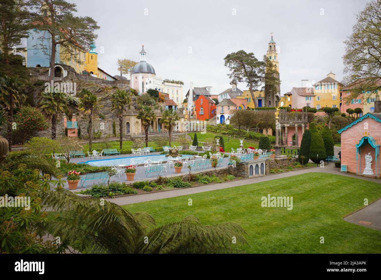 An evening view of Portmeirion village without no people Stock Photo