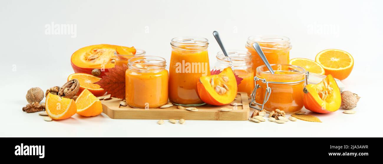 Concept of tasty food, pumpkin jam and ingredients Stock Photo
