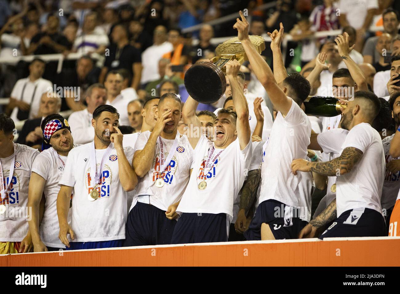 Rijeka, Croatia. 24th May, 2023. Players of Hajduk Split celebrate with the  trophy after the victory against Sibenik in their SuperSport Croatian  Football Cup final match at HNK Rijeka Stadium in Rijeka