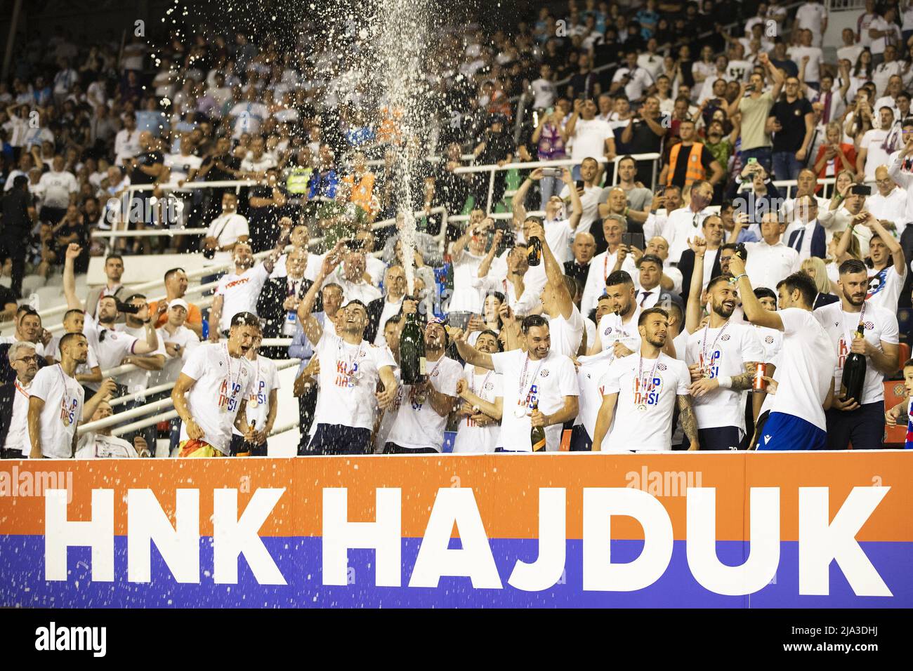 Rijeka, Croatia. 24th May, 2023. Players of Hajduk Split celebrate with the  trophy after the victory against Sibenik in their SuperSport Croatian  Football Cup final match at HNK Rijeka Stadium in Rijeka