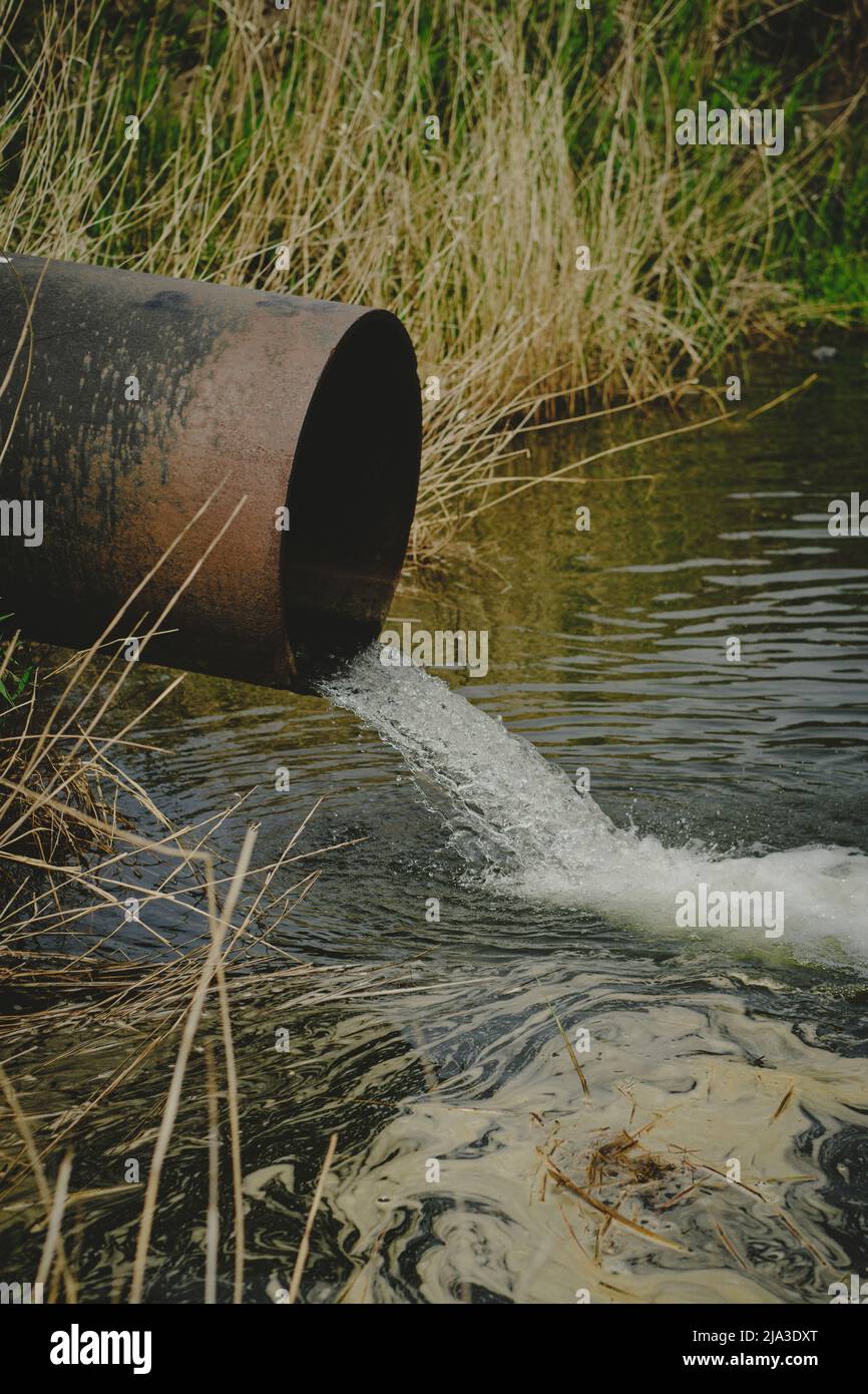 Draining sewage from pipe into river, pollution rivers and ecology